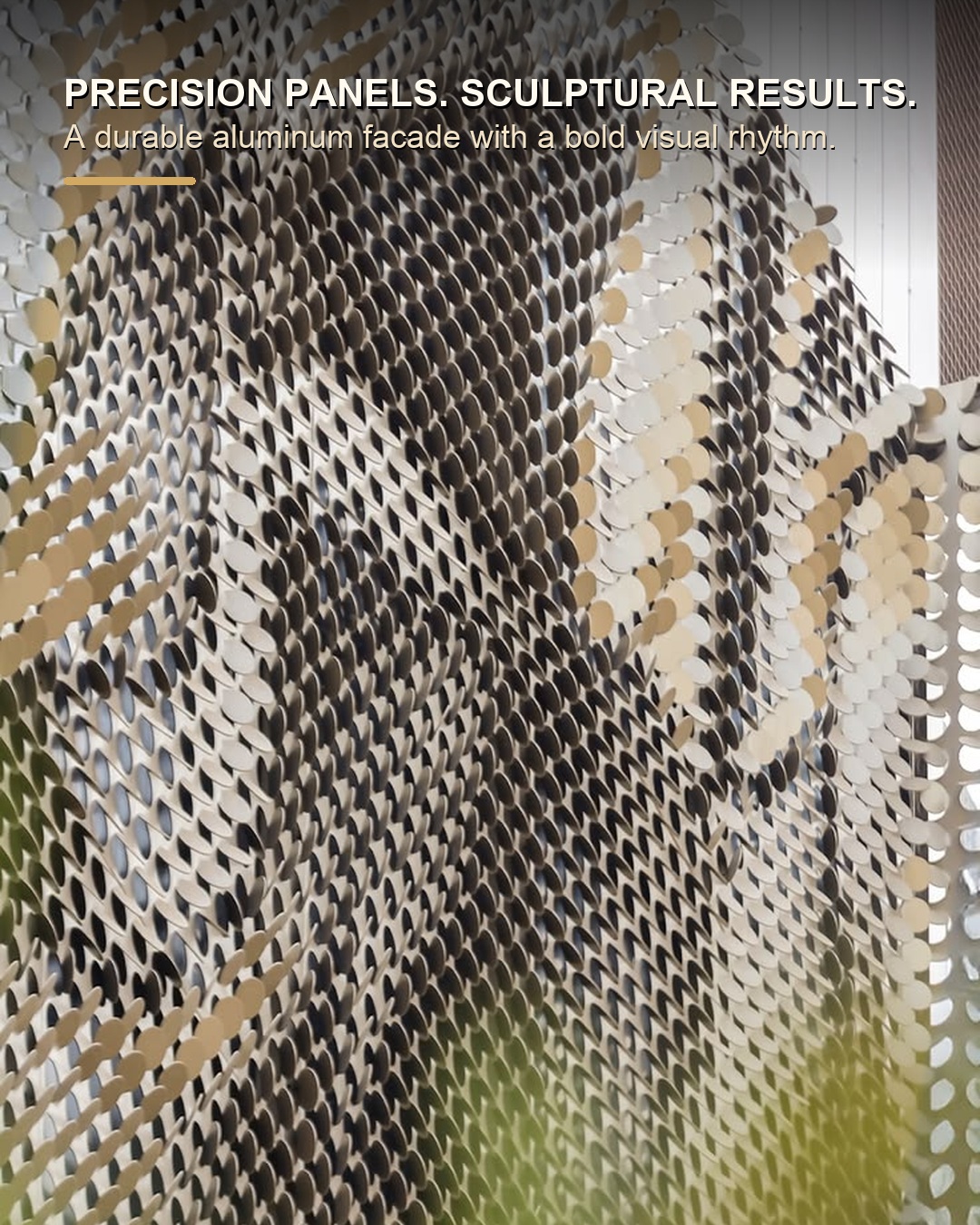 3D punched aluminum panel facade with sculptural raised round tabs