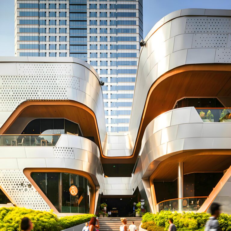Curved white facade panels with perforated feature areas and soffit transitions