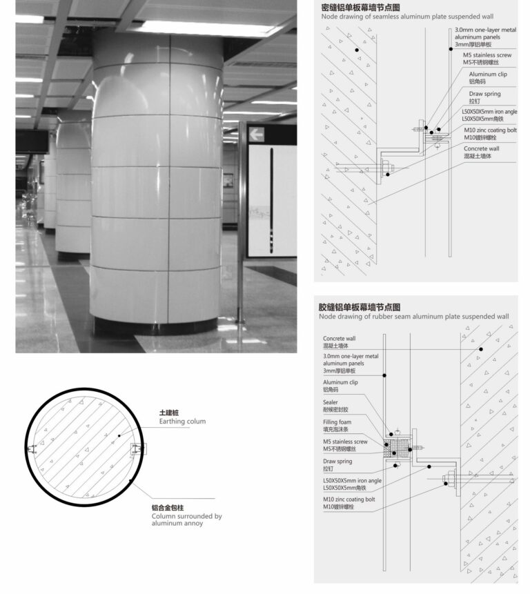 Round aluminum column cover detail with folded returns and concealed clips