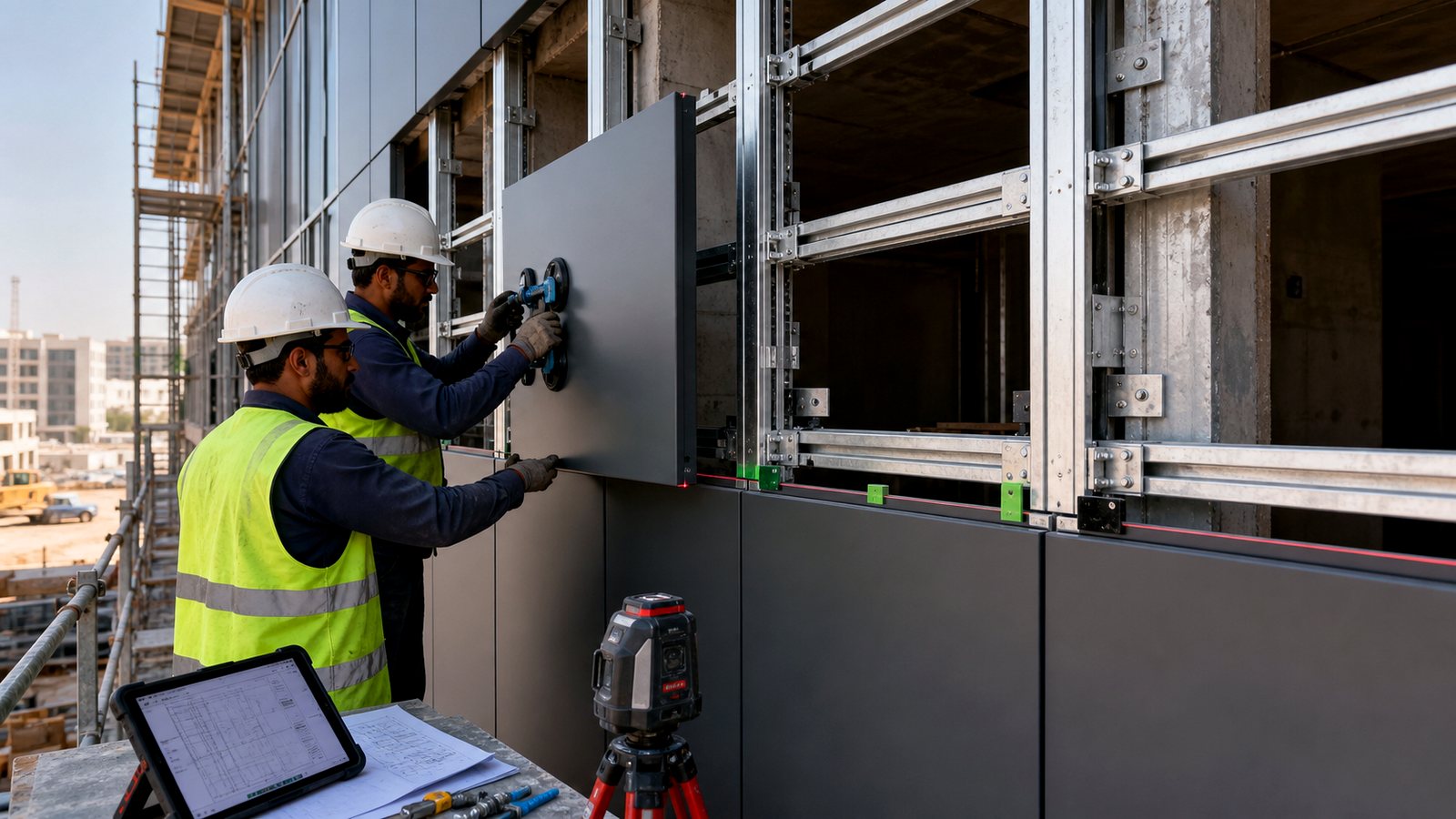 workers installing aluminum facade panels on building subframe