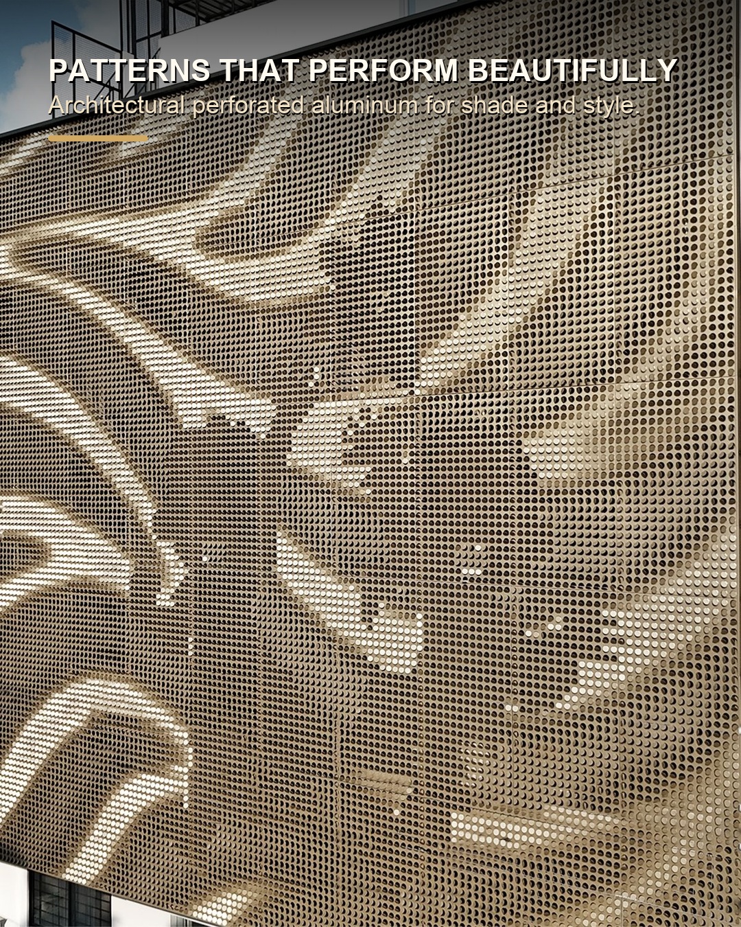 Architectural perforated aluminum shade panel with raised round tab pattern