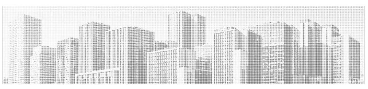 Digital city skyline artwork converted into dot perforation pattern for aluminum panel facade
