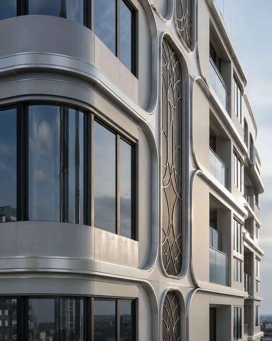 Single curved aluminum panel window corner cladding and facade trim by Punchuk