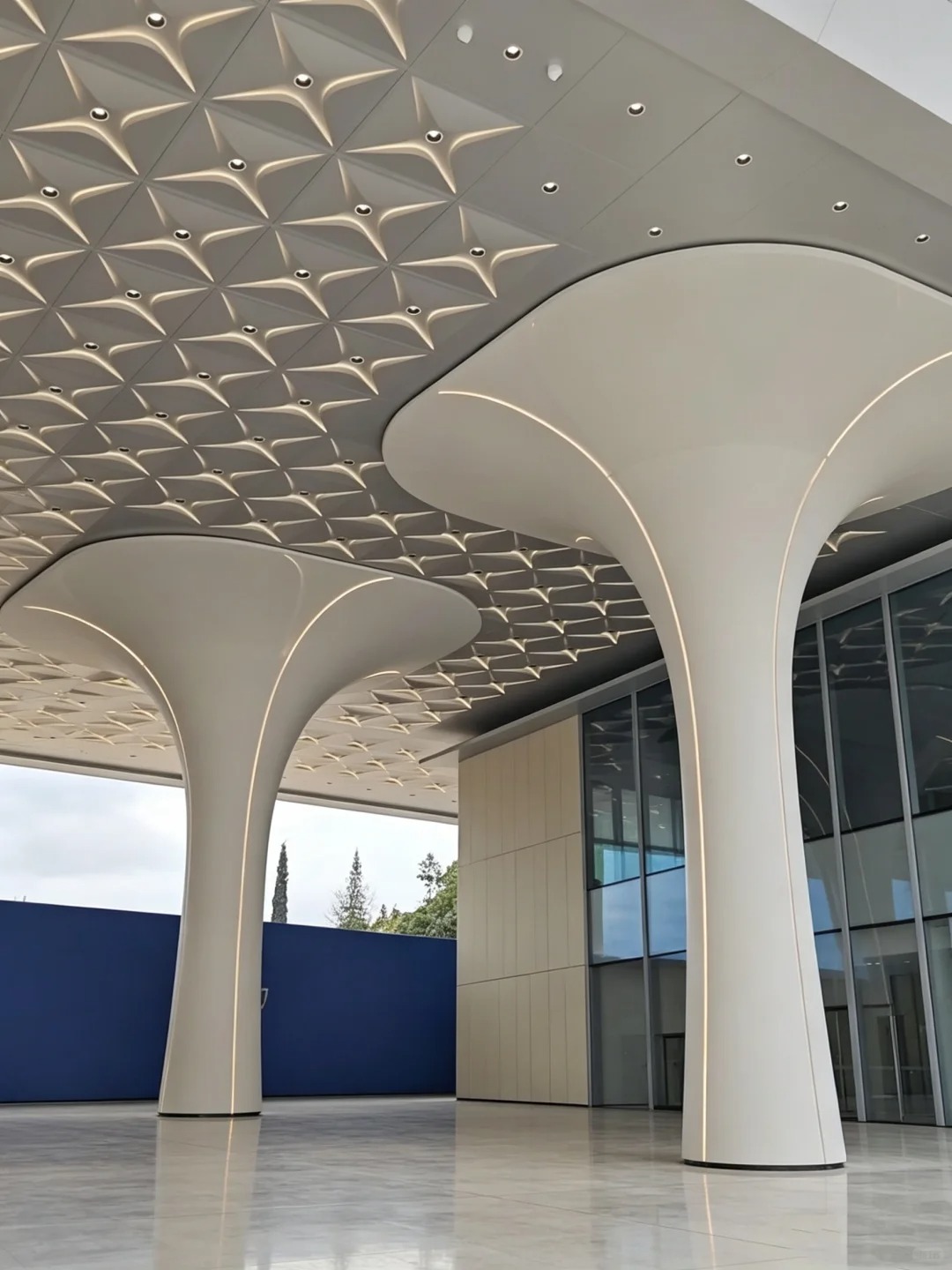 Custom formed aluminum column cladding transitioning into a curved metal ceiling