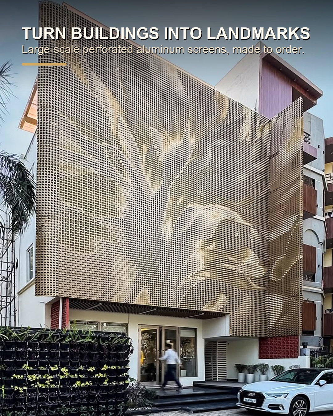 Large scale round tab aluminum screen used as a landmark facade feature