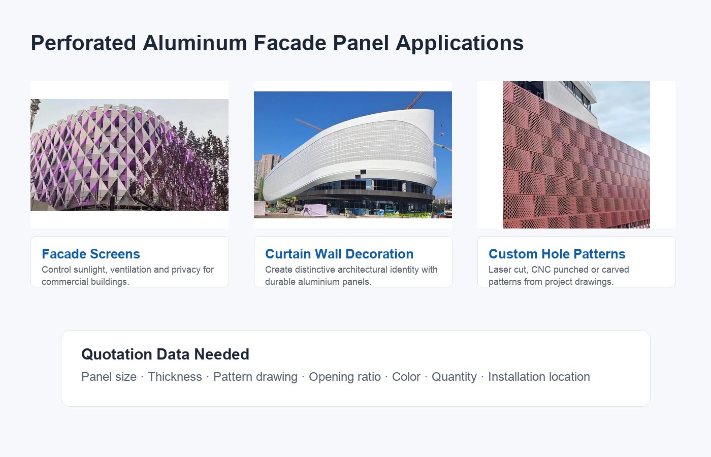 perforated aluminum facade panel applications for screens and cladding