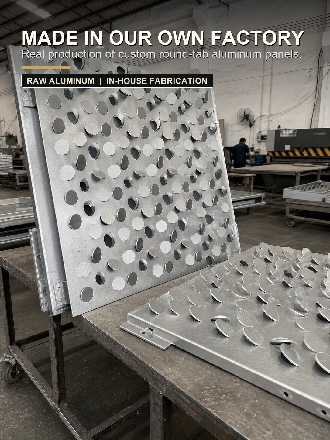 Punchuk factory production of custom round tab aluminum panels with raised semi-perforated discs