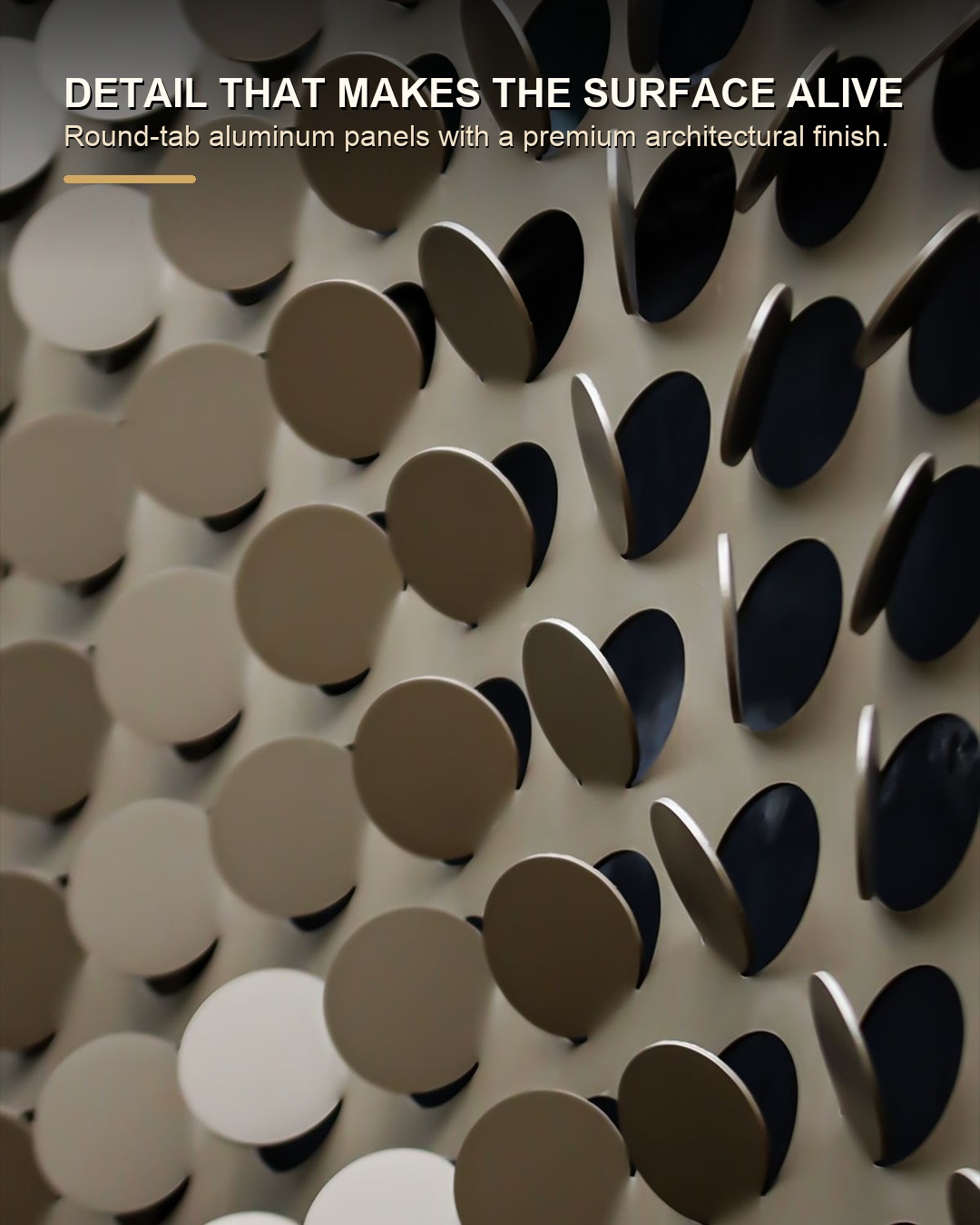 Close up detail of round tab aluminum panel with lifted semi-perforated discs