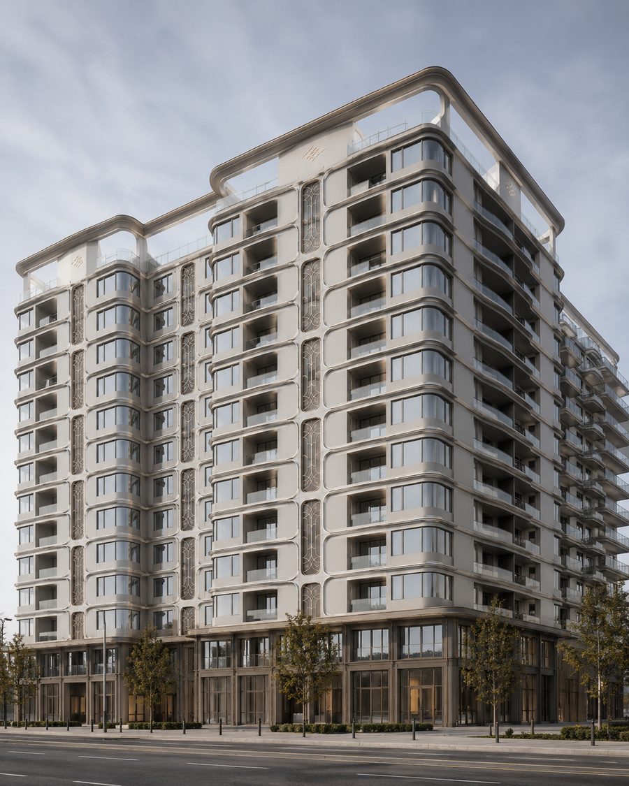 Single curved and double curved solid aluminum panels used for a residential curtain wall facade by Punchuk